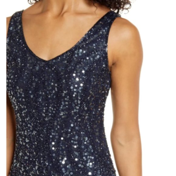 PISARRO NIGHTS BEAD & SEQUIN SLEEVELESS NAVY GOWN sz 2 - Picture 4 of 9